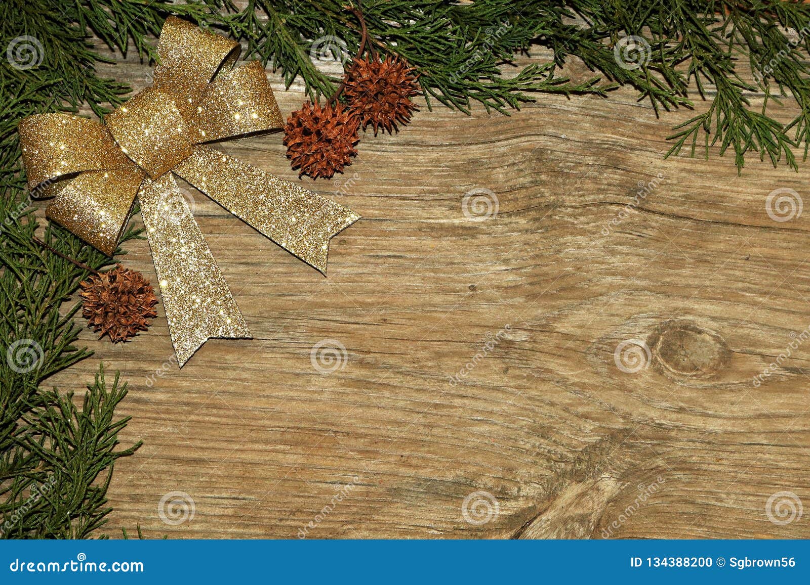 Cedar Branches and Gold Bow on Wood Christmas Background Stock Photo ...