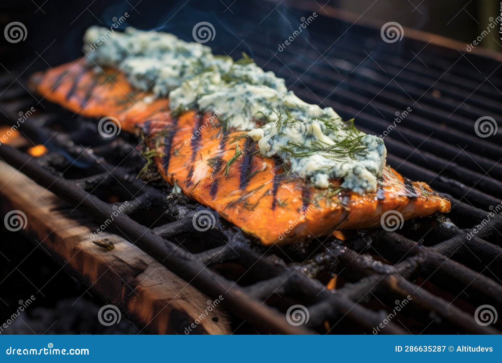 Cedar Plank on Grill with Melted Blue Cheese and Sauce Stock Image