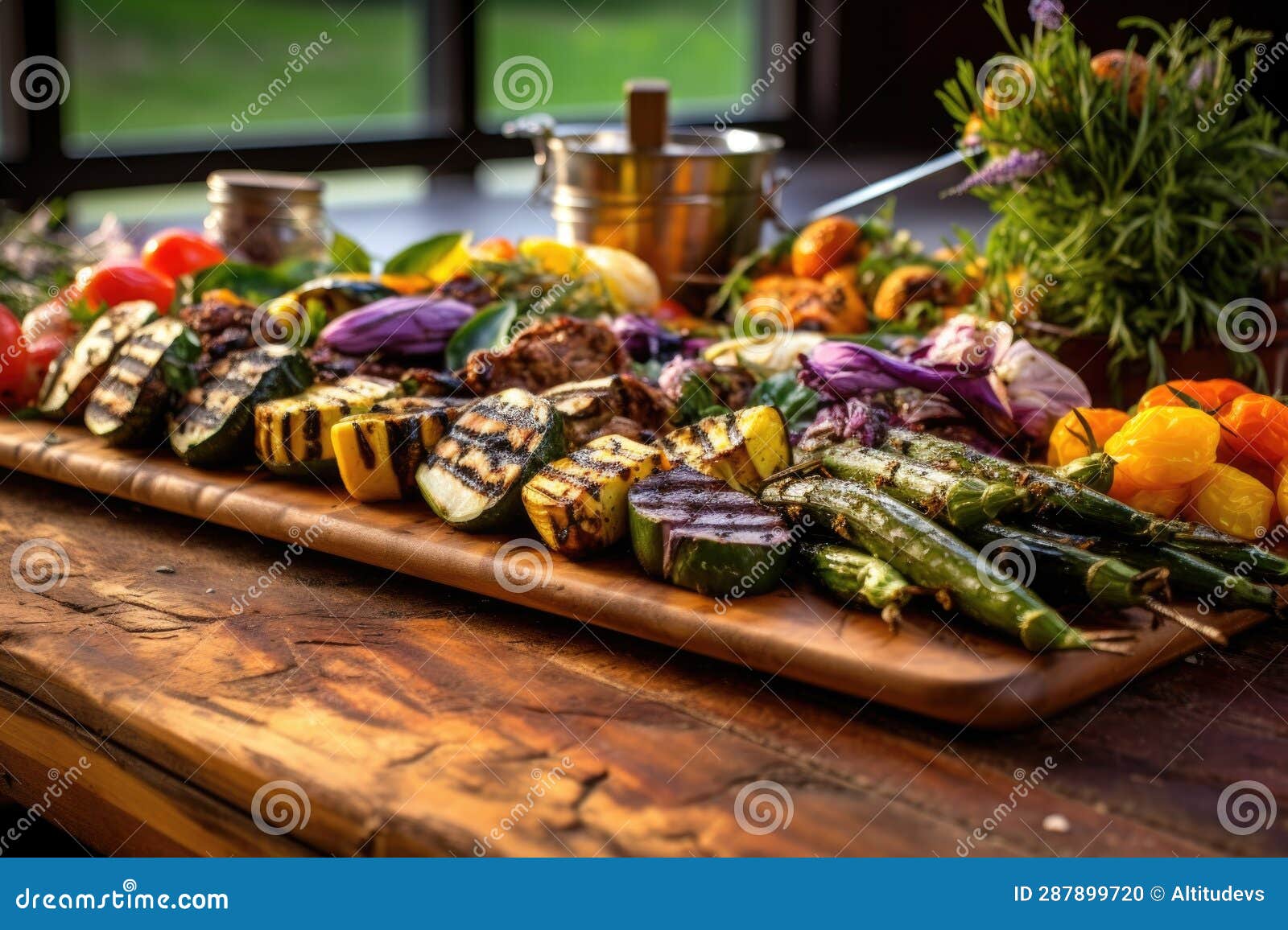 Cedar Plank and Grill with Sizzling Vegetable Medley Stock Photo