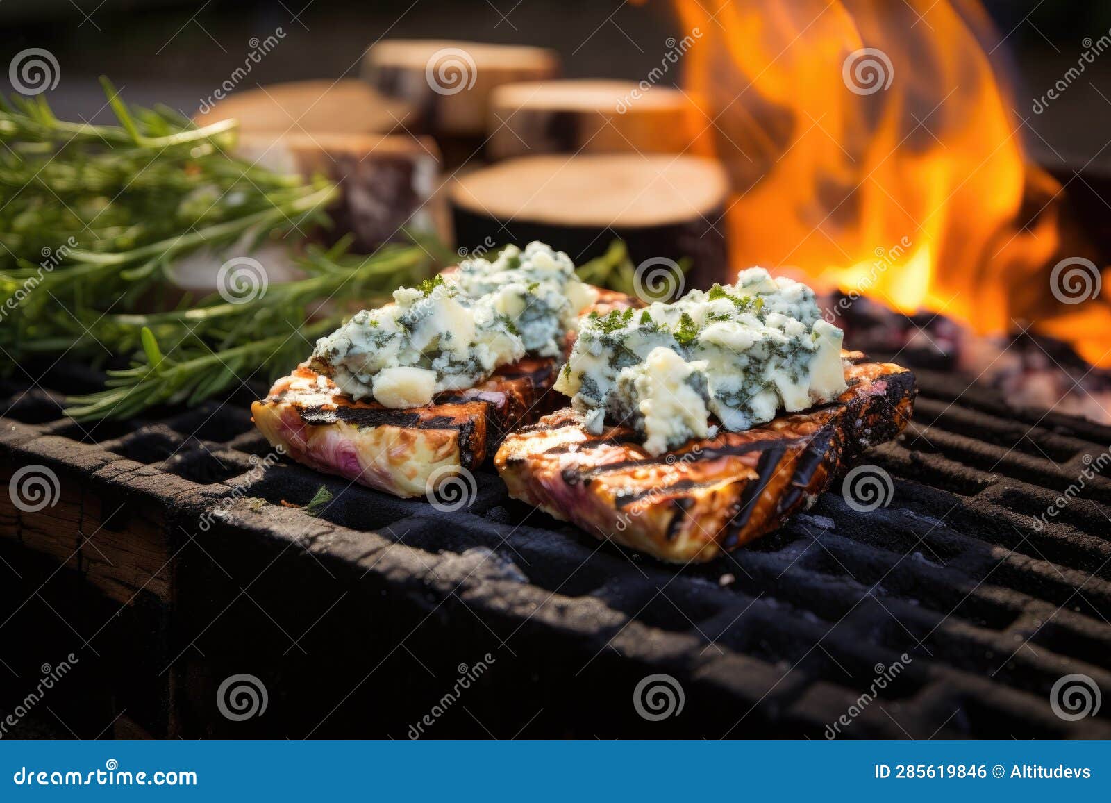 Cedar Plank on Grill with Smoke and Blue Cheese Stock Photo Image of