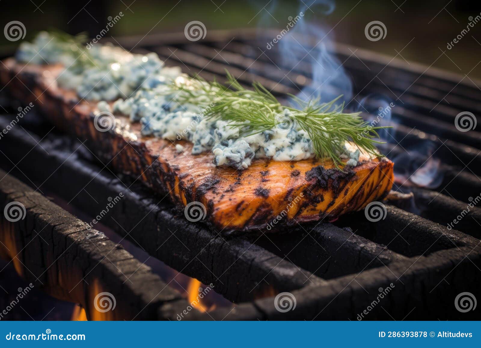 Cedar Plank on Grill with Smoke and Blue Cheese Stock Photo Image of