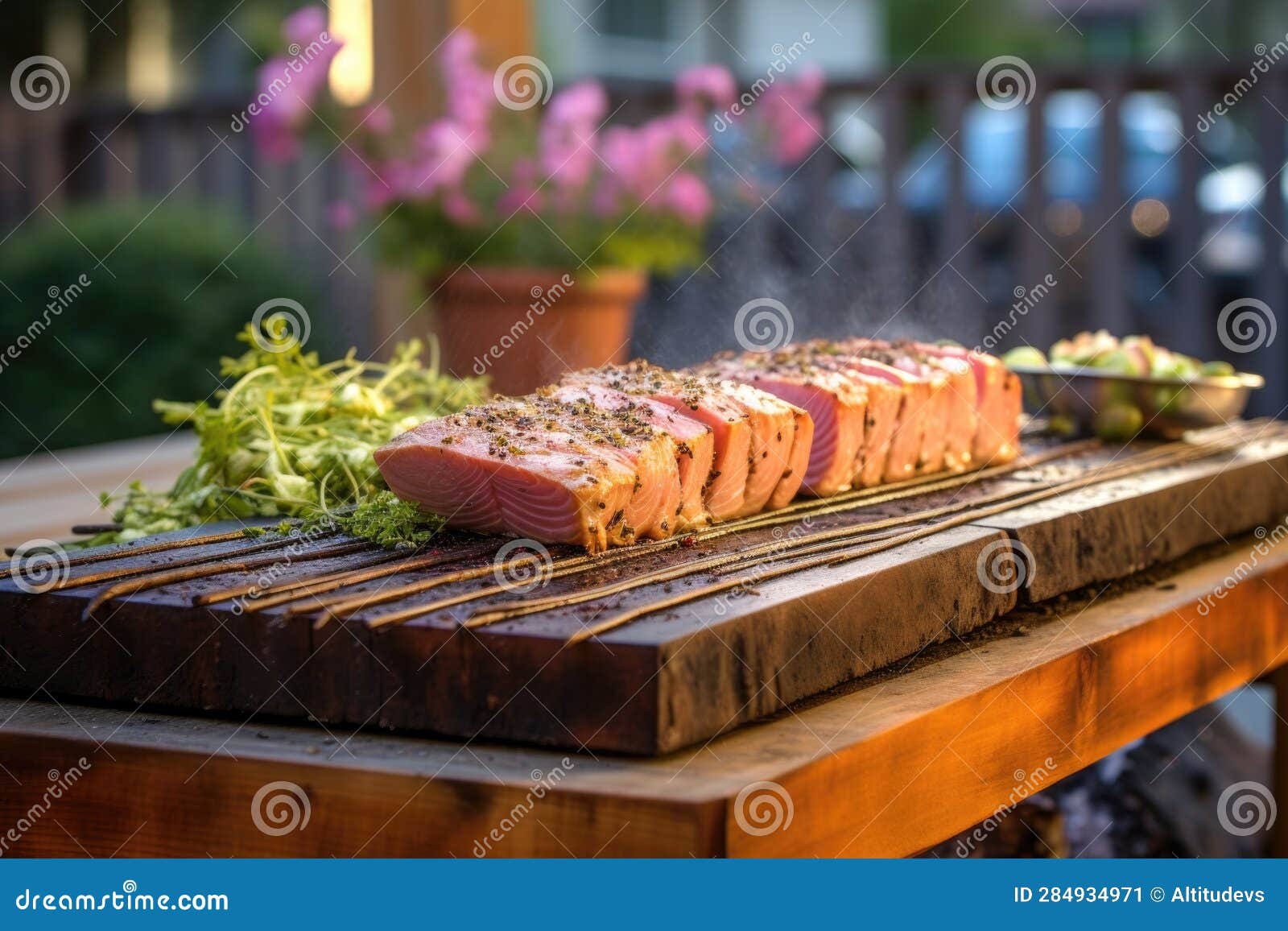Cedar Plank Grilling Tuna in a Backyard Barbecue Setting Stock Image