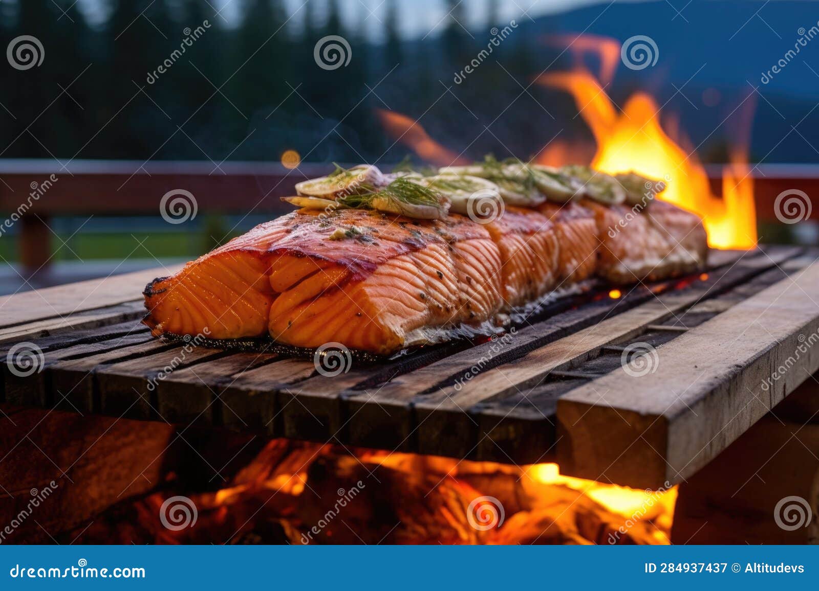 Cedar Plank Salmon with Grill Lid Open, Fire in Background Stock Image