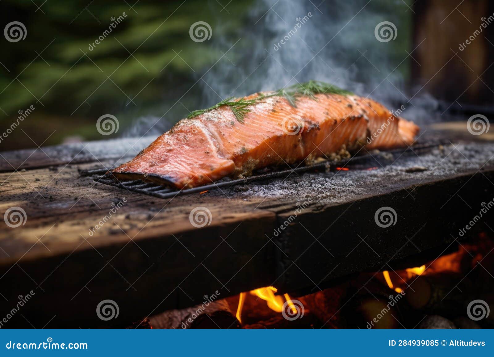 Cedar Plank Salmon with Grill Lid Open and Flames Stock Image Image