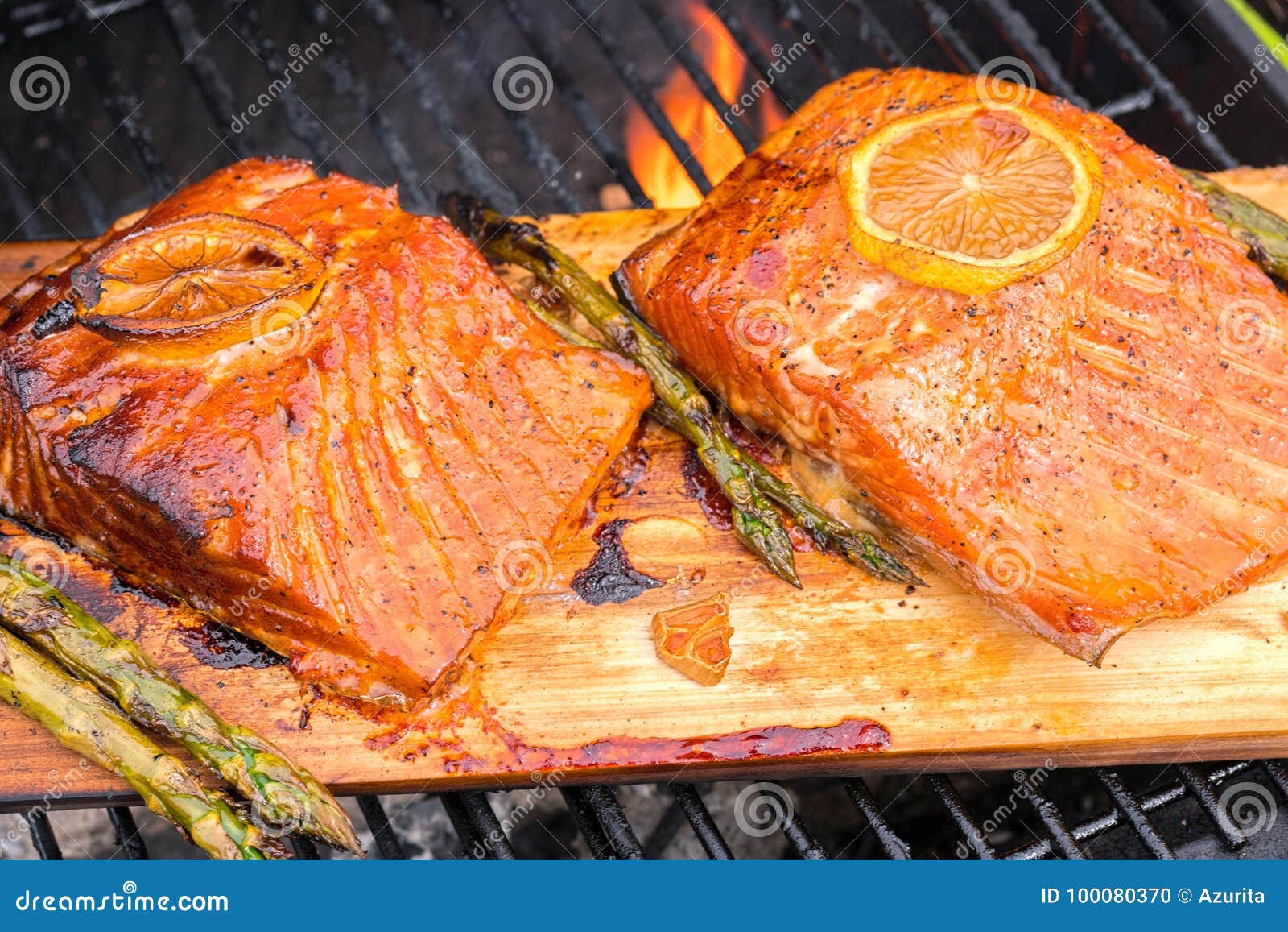 Cedar Plank Salmon with Lemon Cooking on Grill Stock Photo Image of