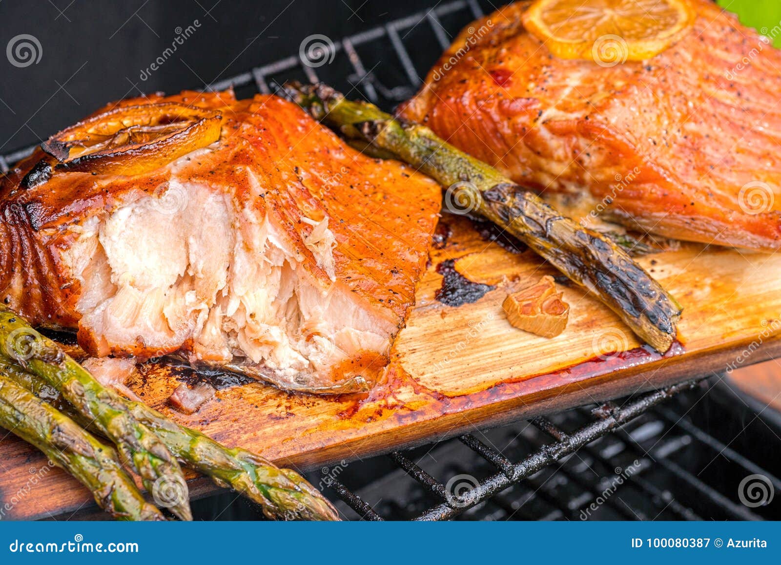 Cedar Plank Salmon with Lemon Cooking on Grill Stock Image Image of