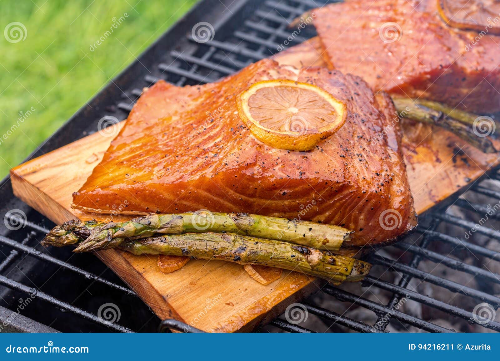 Cedar Plank Salmon with Lemon on a Grill Stock Image Image of barbeque, filet 94216211