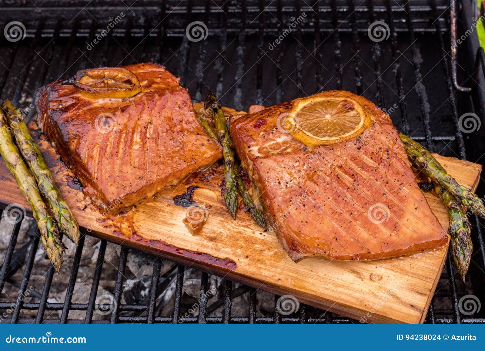 Cedar Plank Salmon with Lemon on a Grill Stock Photo Image of lemon