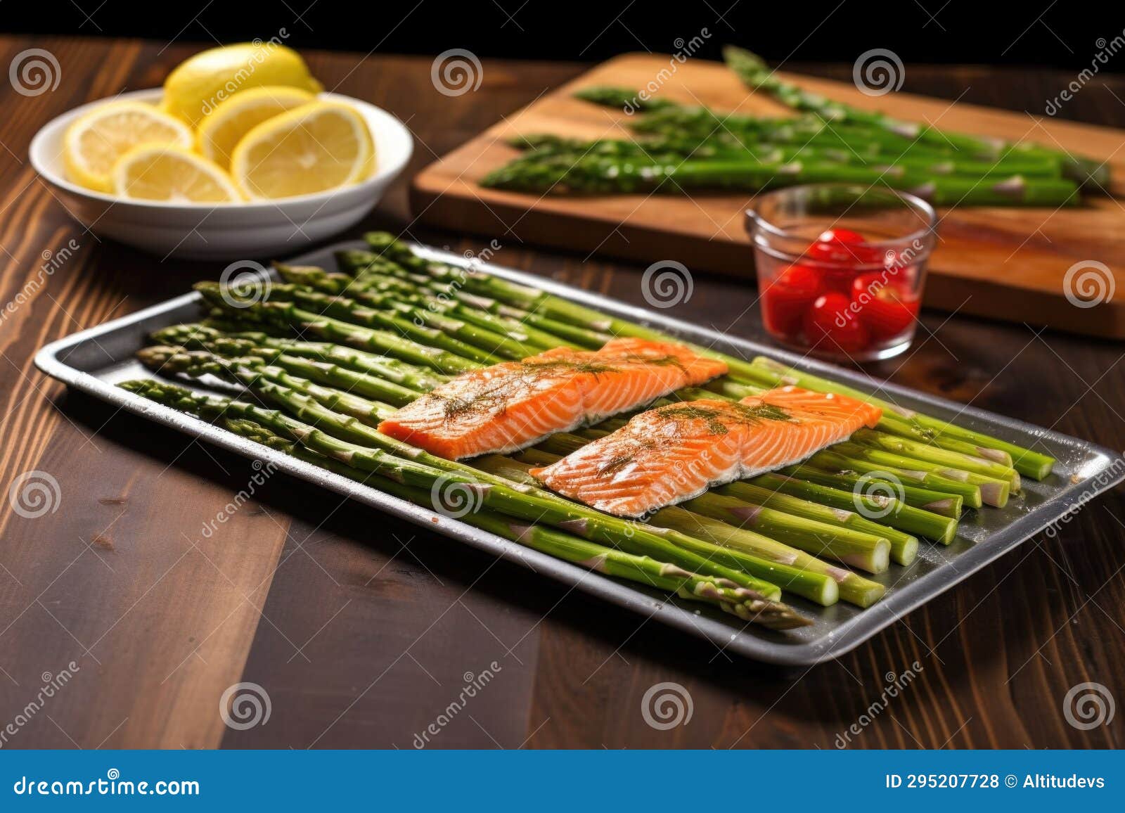 Cedar Plank Smoked Salmon with Asparagus on Serving Tray Stock Photo