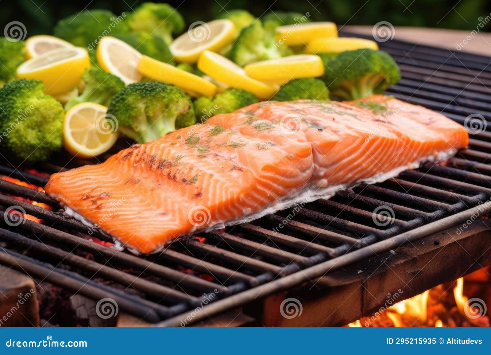 Cedar Plank with Uncooked Salmon by a Barbecue Grill Stock Image