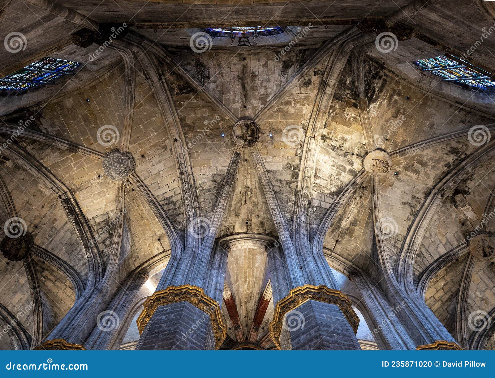 ceiling of the basilica de santa maria del mar in the ribera district of barcelona, spain.