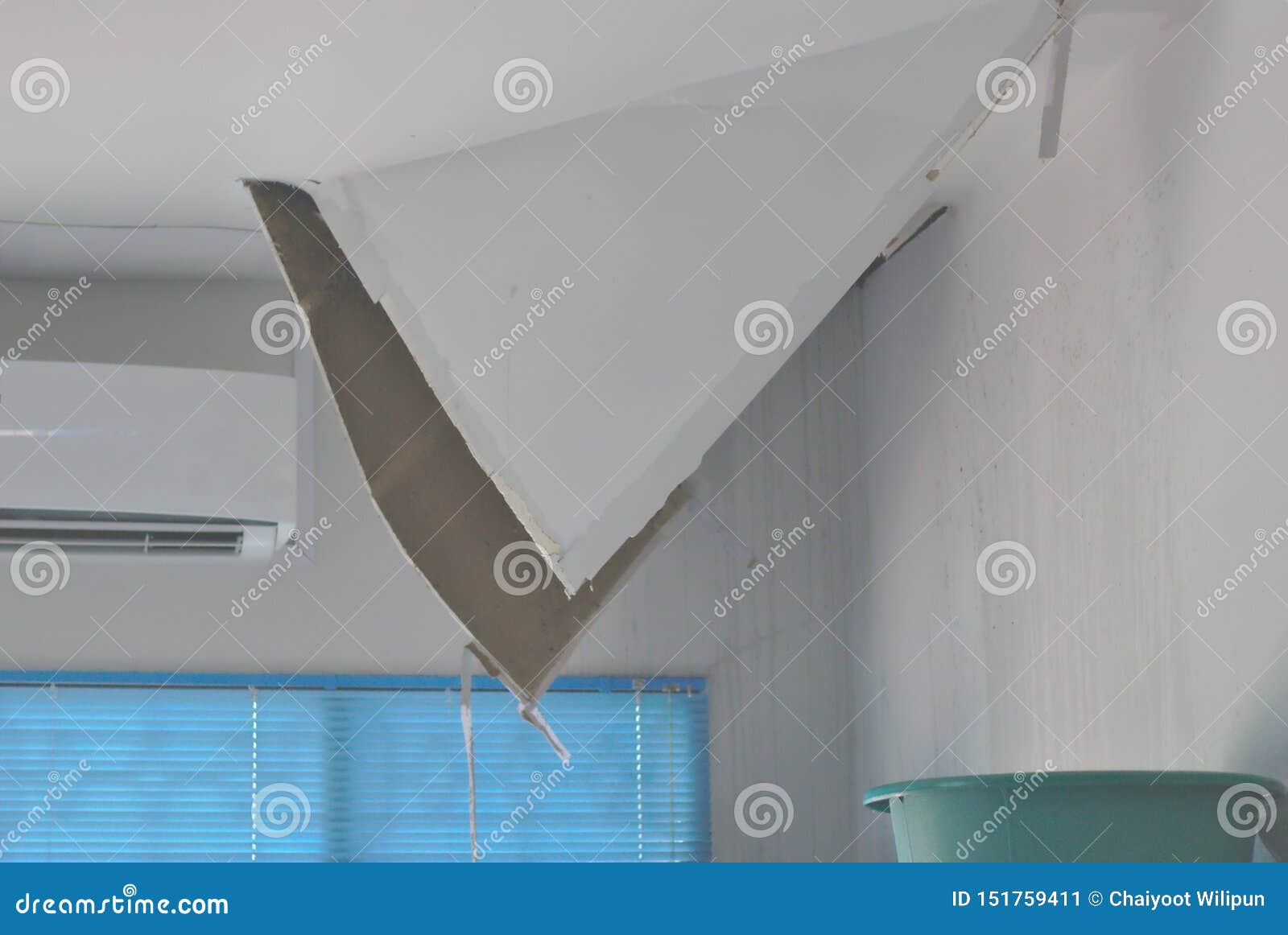 The Ceiling Is Broken The Gypsum Board Is Damaged Dropped