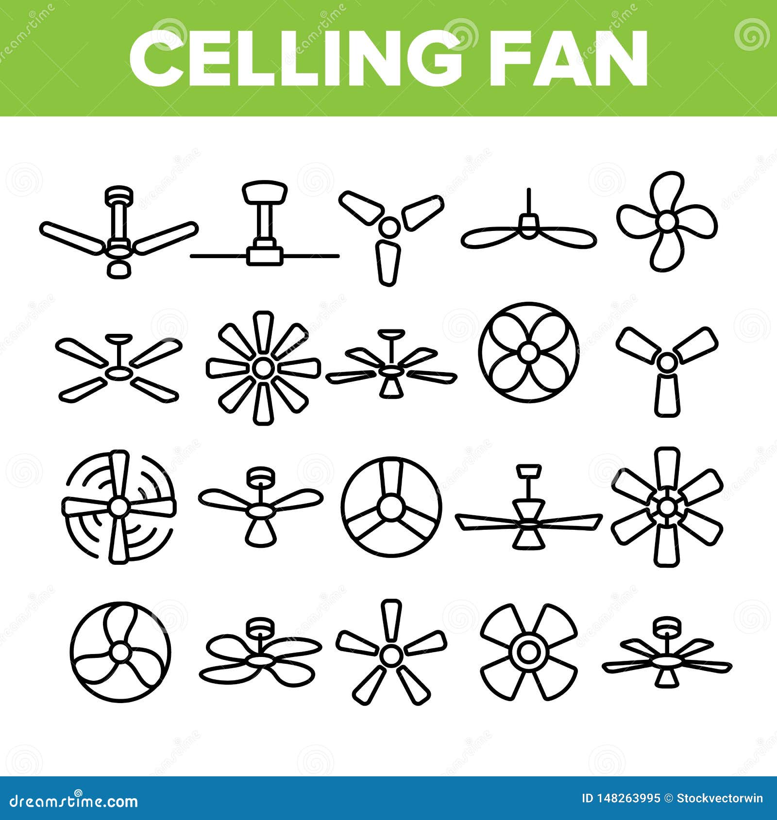 Ceiling Fans Propellers Vector Linear Icons Set Stock