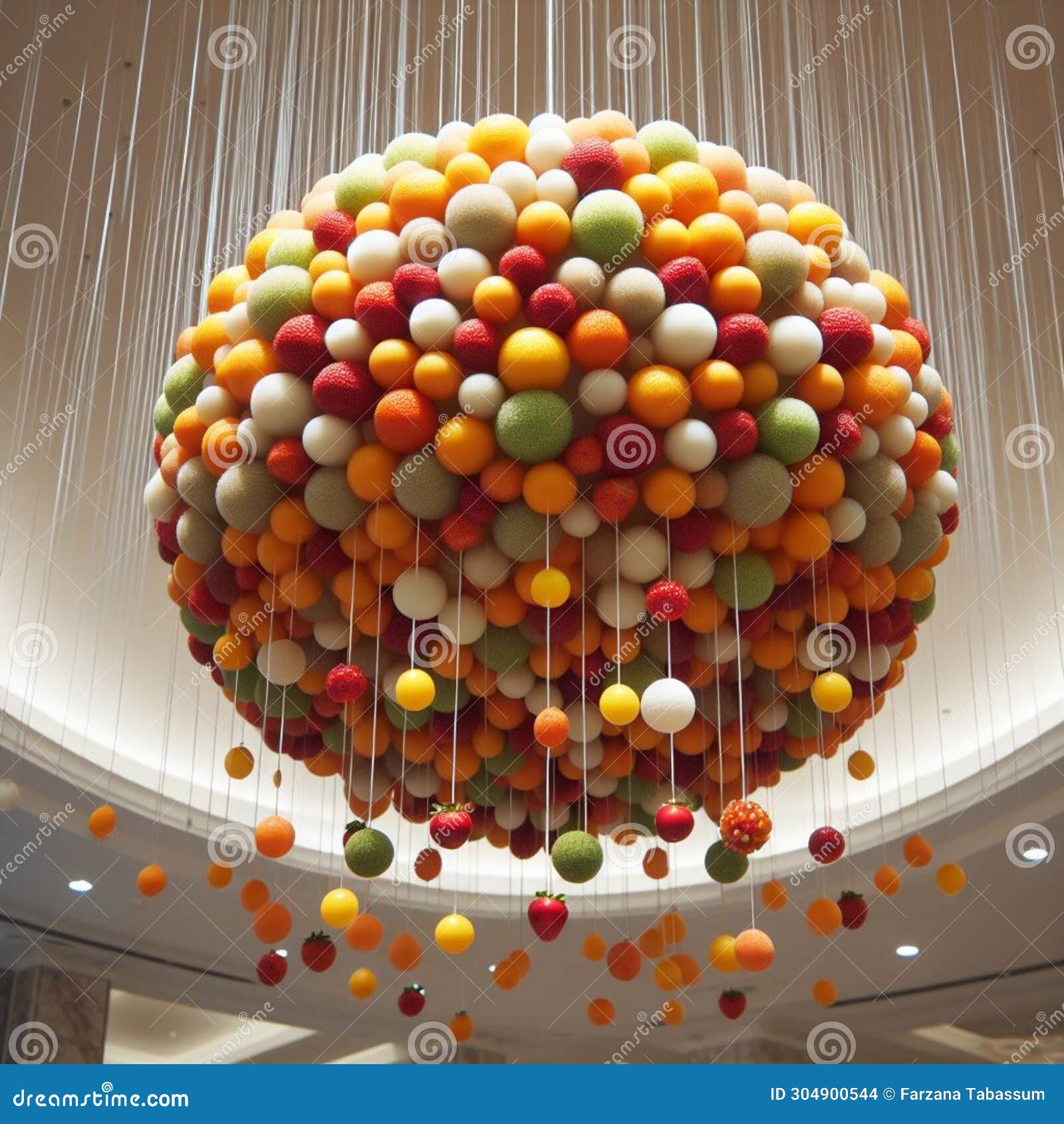 ceiling-mounted mobile made of edible floating fruit spheres, serving as both decoration and dessert hd image