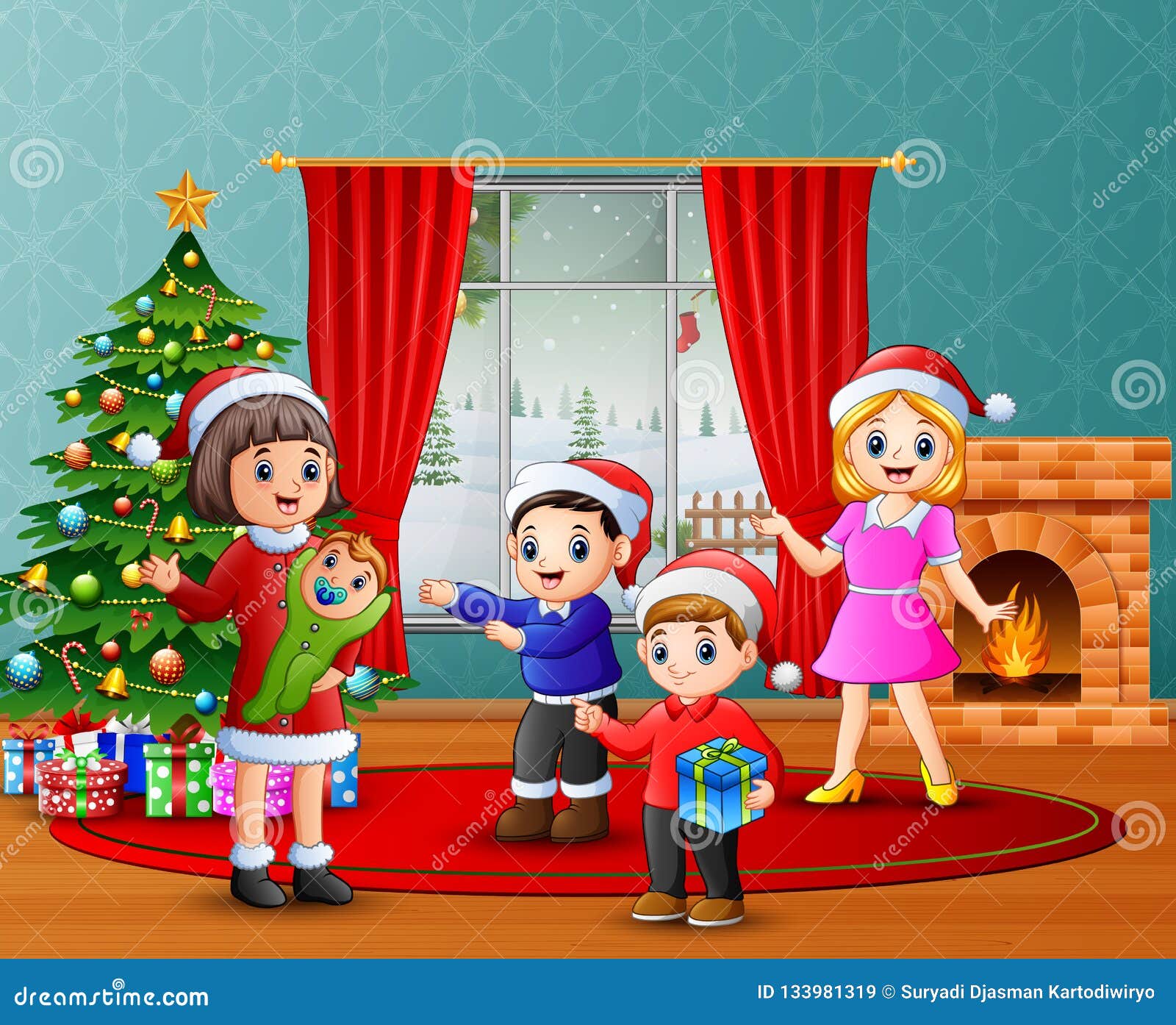 Celebración De Familia Feliz Una Navidad En La Sala De Estar Ilustración  del Vector - Ilustración de pino, presentes: 133981319