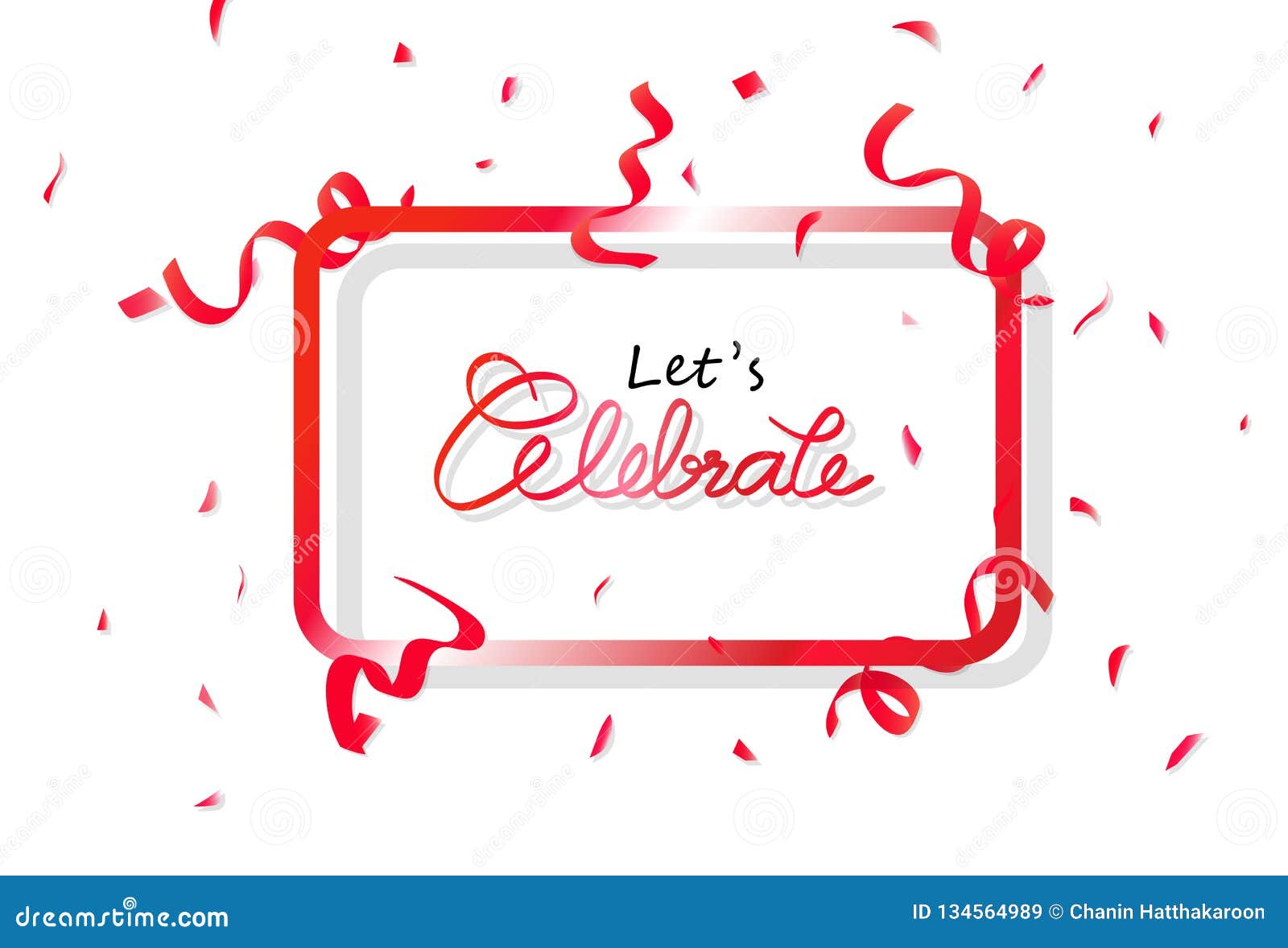 celebrate banner frame with red confetti party, decoration paper and ribbons falling, calligraphy celebration festival abstract