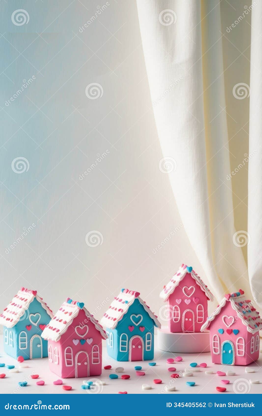 celebrating gingerbread house day with lovely pink and blue houses decorated with hearts.