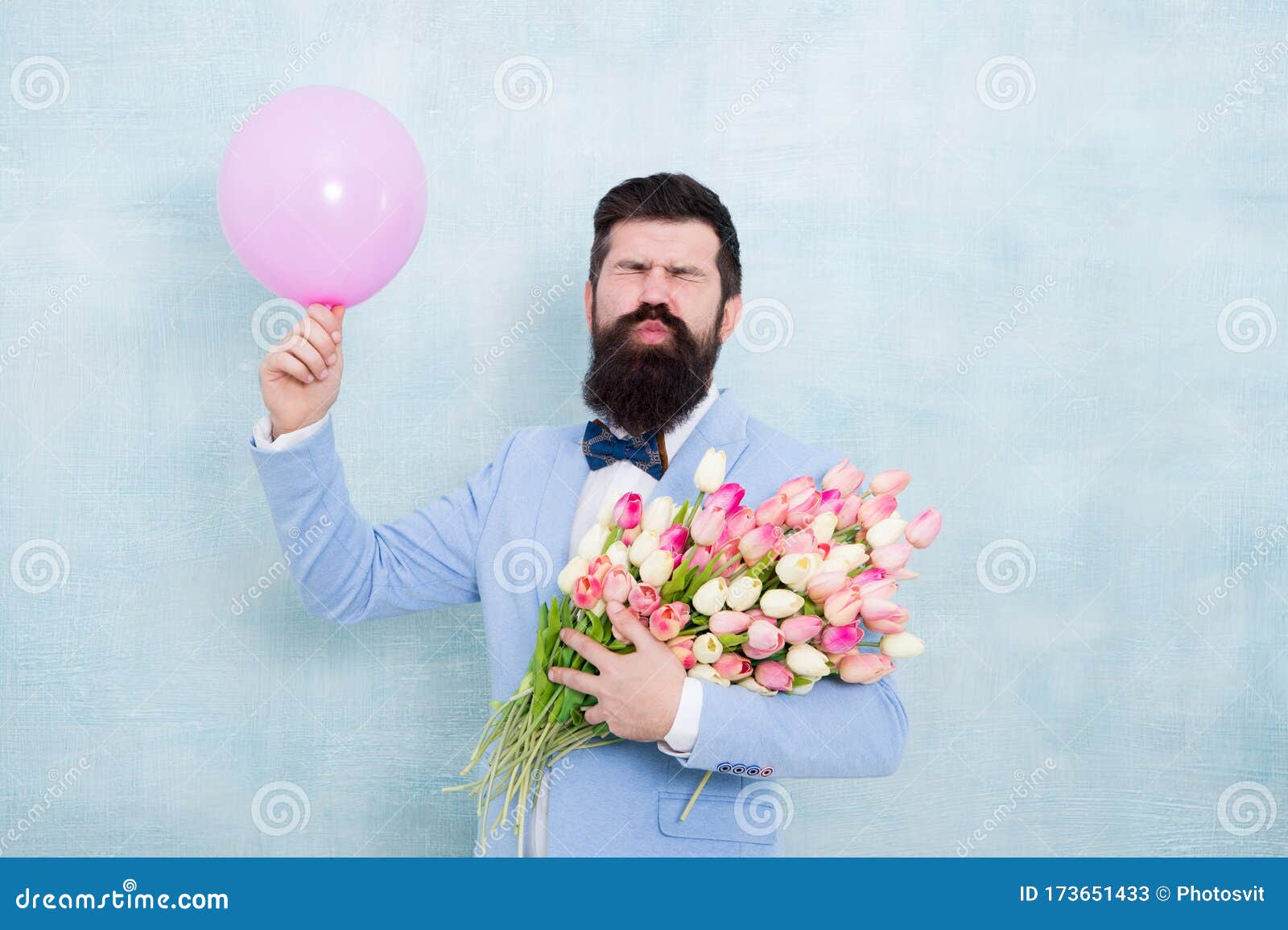 Celebrating Wedding Groom Send Air Kiss With Tulips And Balloon Celebrating Wedding Anniversary Wedding Flowers Stock Image Image Of Love Florist 173651433