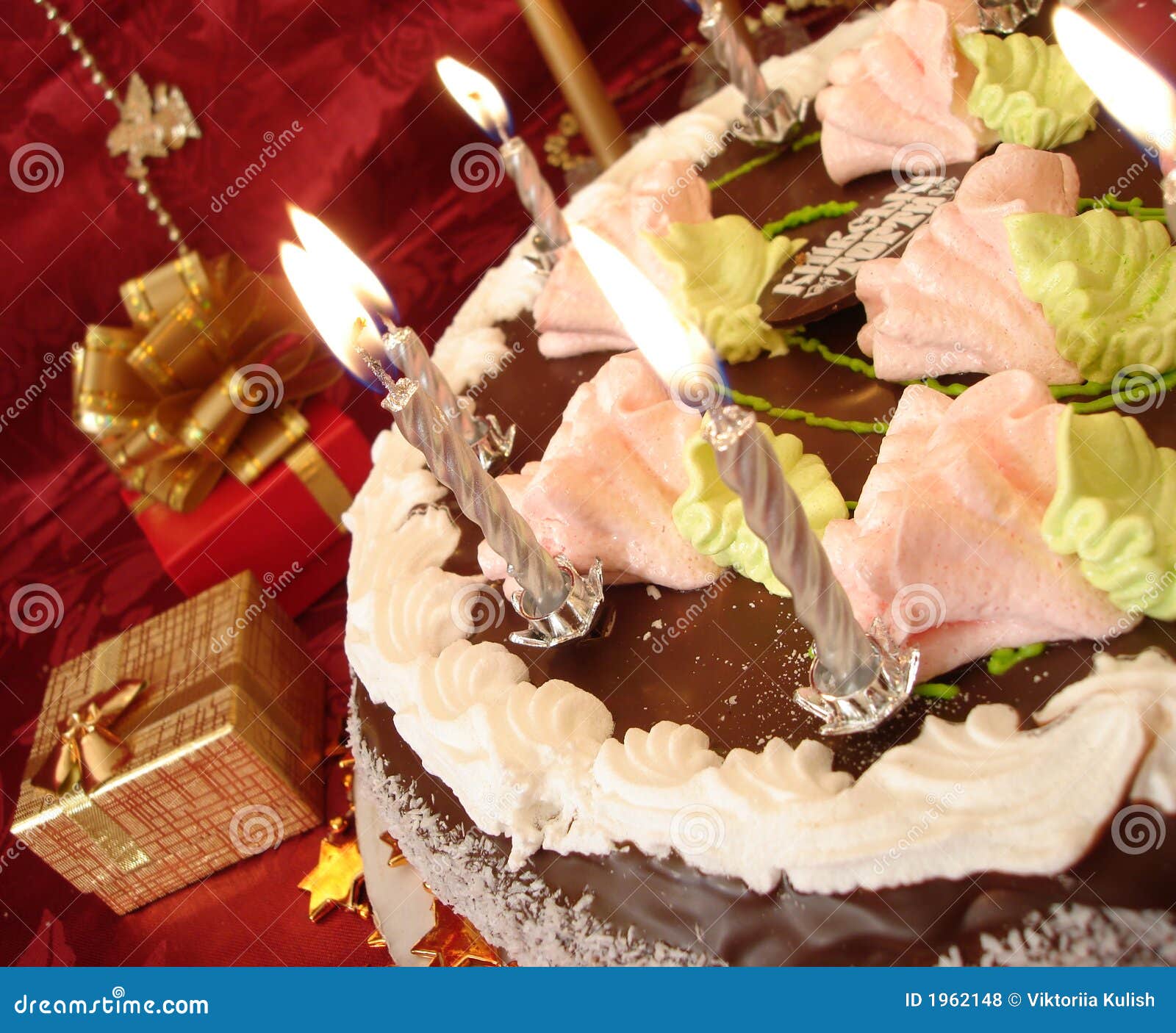 Celebratory Table (birthday Cake and Candles, Gift Boxes) on Red Stock Photo Image of