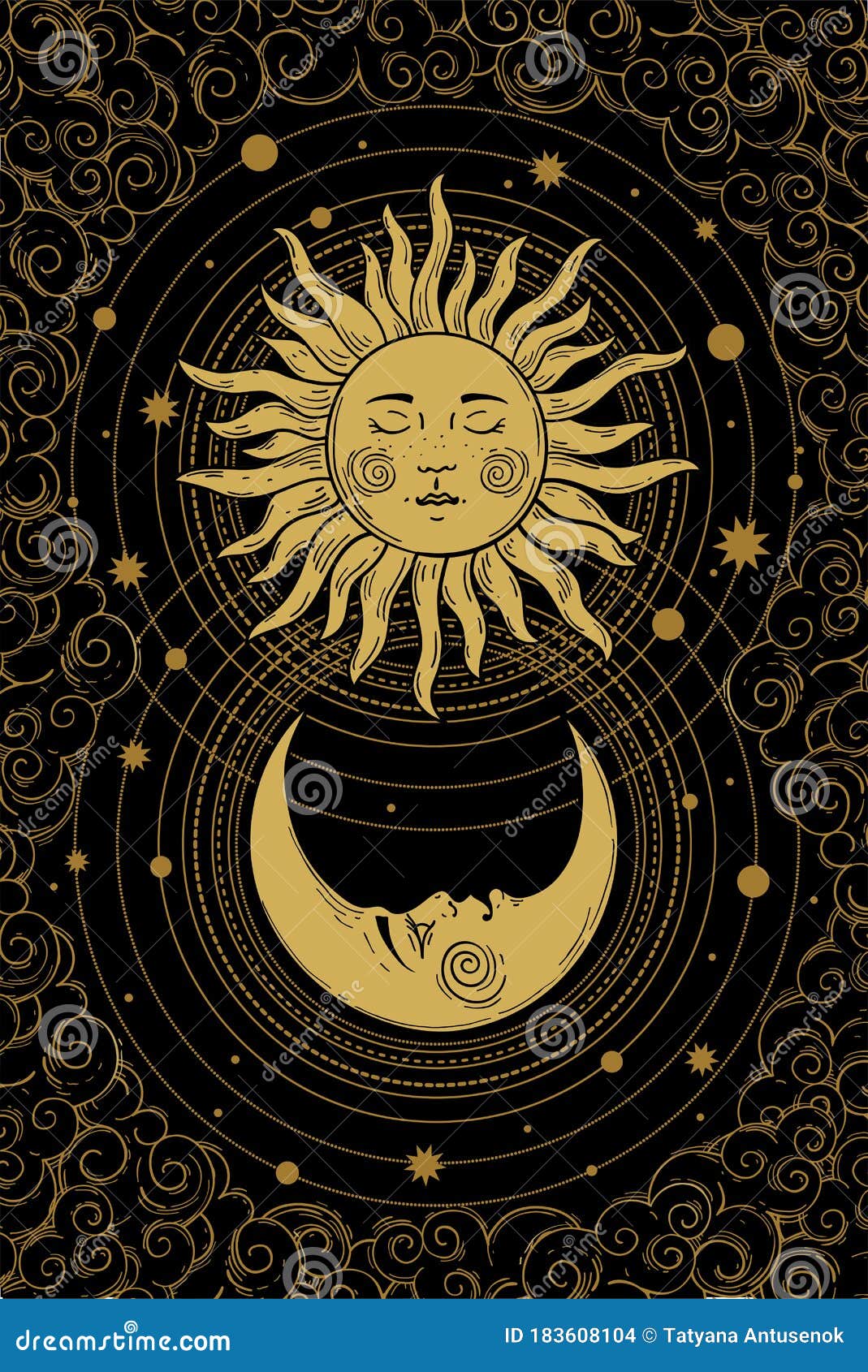 celestial golden crescent moon pattern with face, sun and clouds on a black background. boho  s for tarot