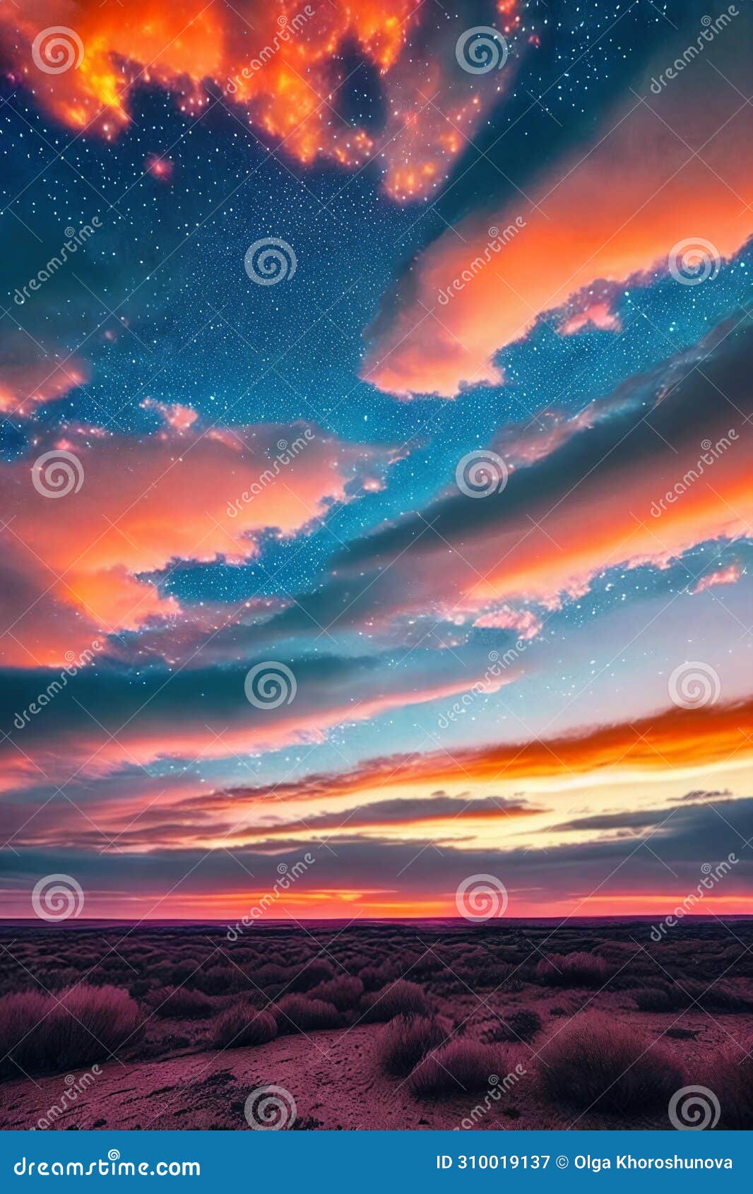 Celestial Serenity. Beauty of a star-filled sky at sunset, capturing the intricate patterns of clouds and the soft hues of twilight in a mesmerizing composition that connects nature s wonders from dusk till nightfall. AI generated