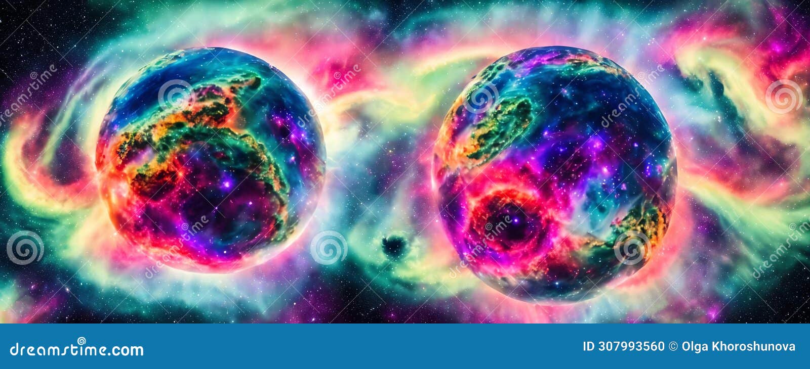 celestial sky planet. a planet with multiple moons, colorful plants . panorama. generative ai