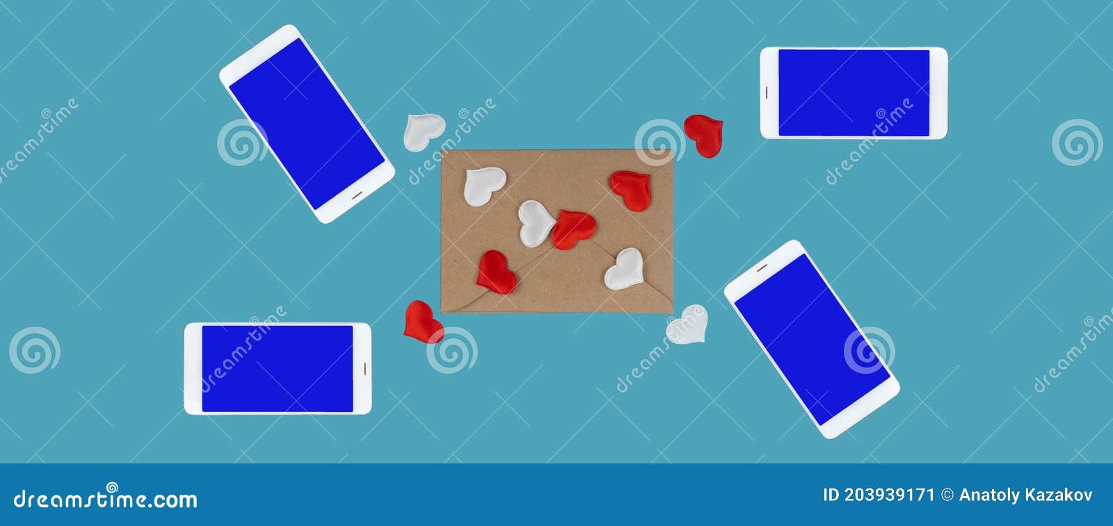 cell phones and hearts on a blue background. forwarding messages for valentine`s day. romantic chat. virtual love. banner