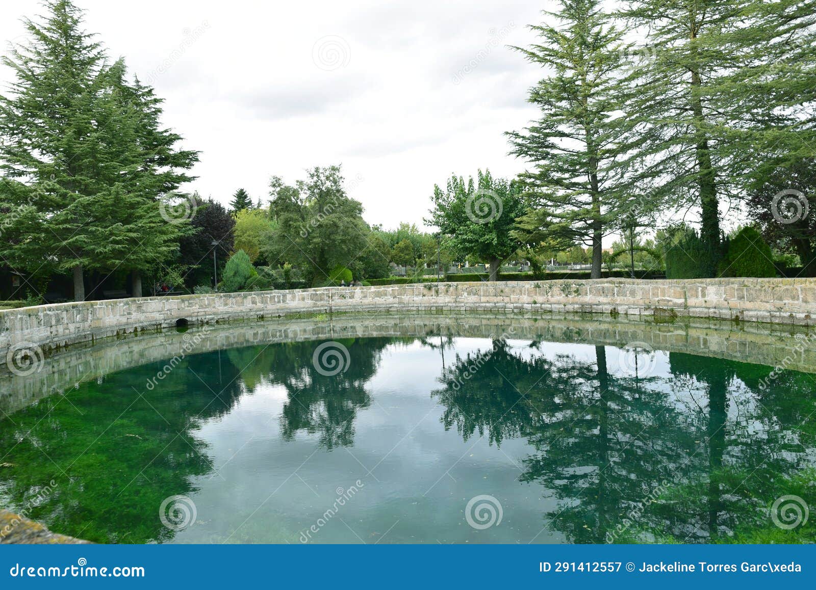 cella fountain reflecting the trees of the park in the water,