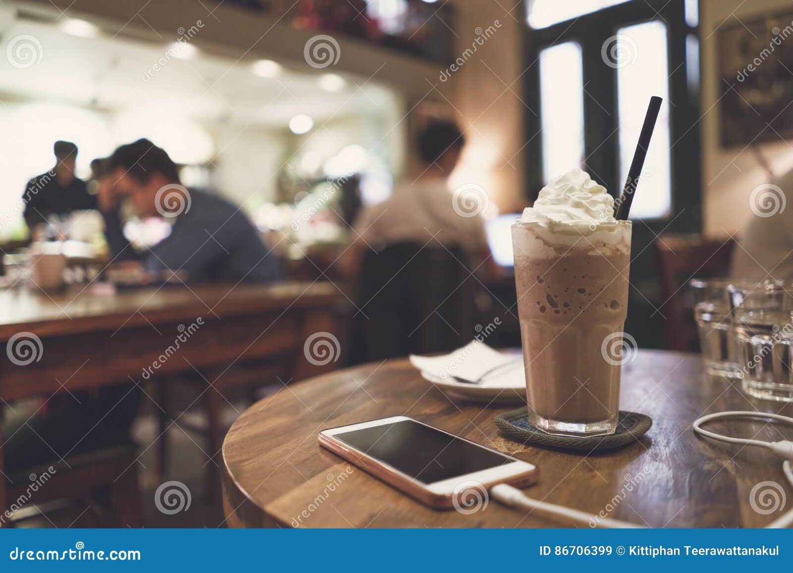 Cellphone and Drinks on Wooden Table Stock Image Image of chatting, phone 86706399