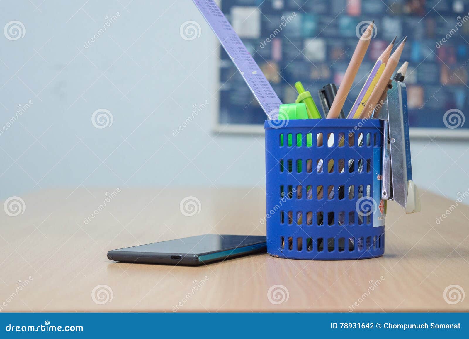 Cellphone and Pencil box stock photo. Image of write 78931642