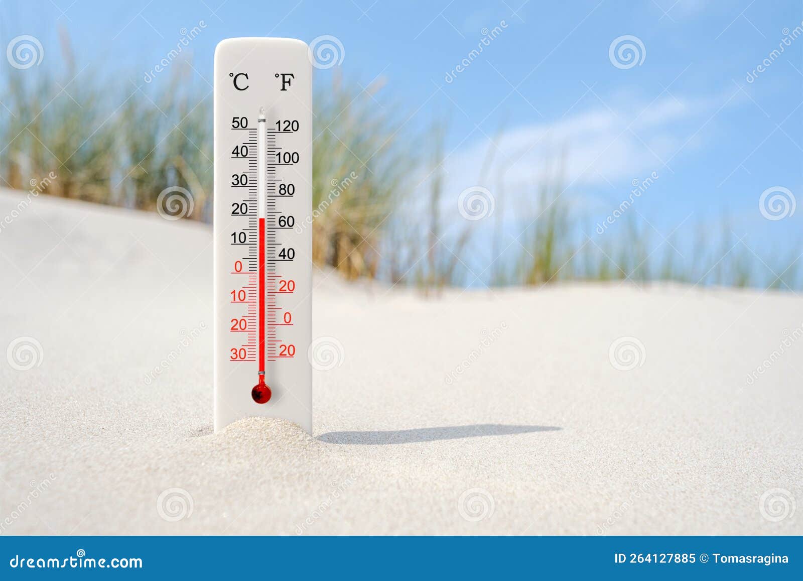 Celsius and Fahrenheit Scale Thermometer in the Sand. Ambient
