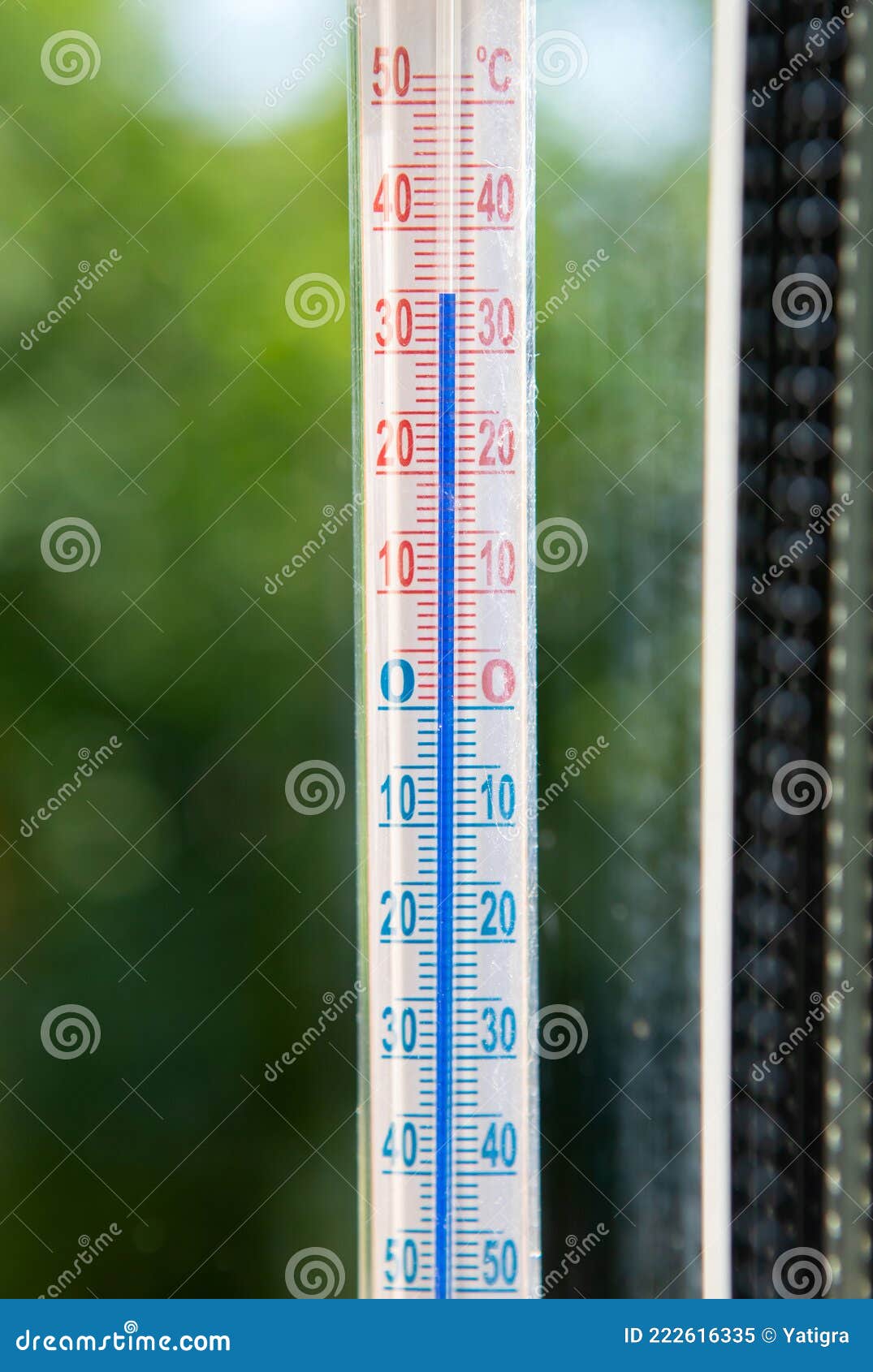 A Celsius Thermometer on a Window Frame Shows High Temperatures of 35