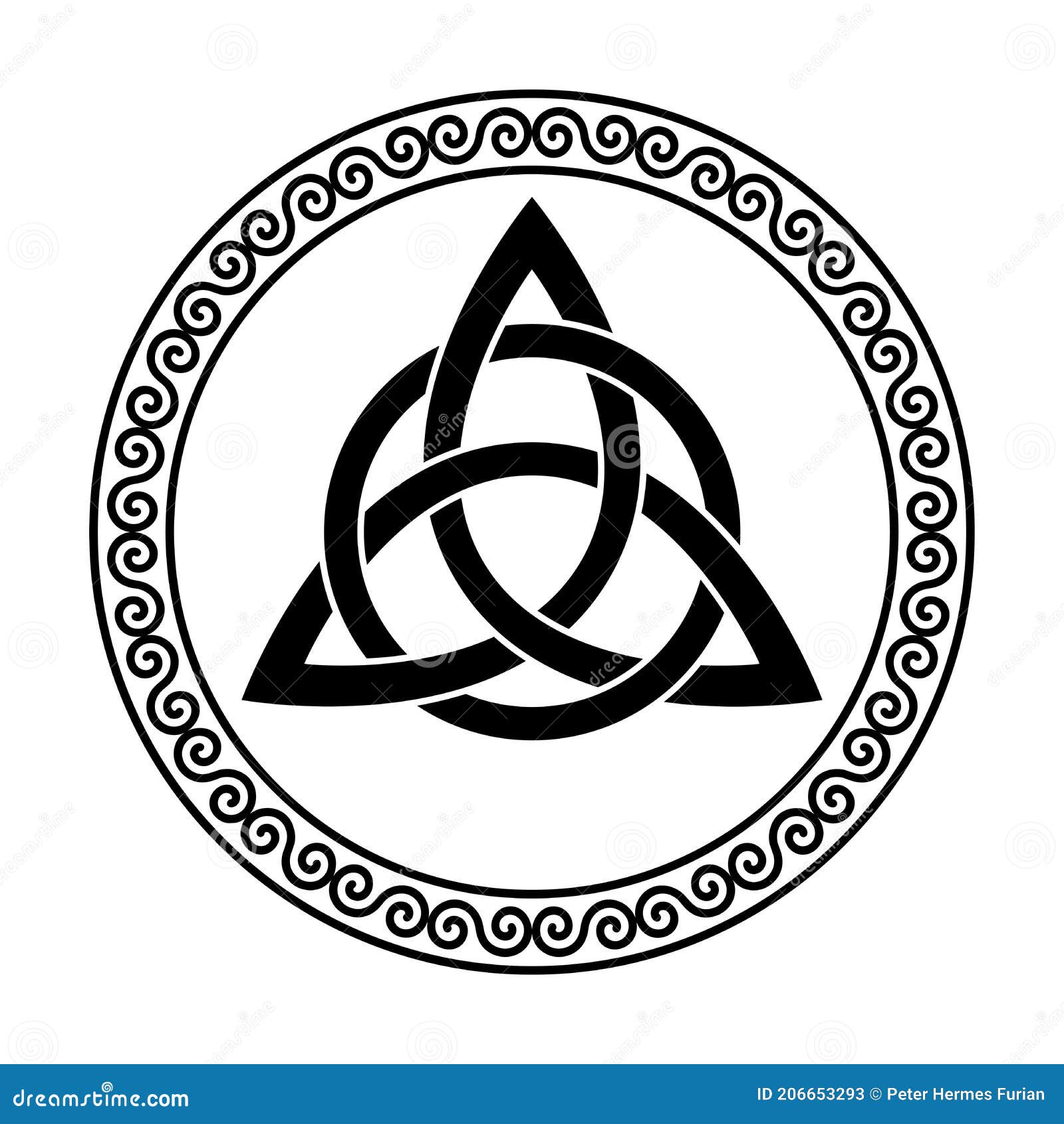 triquetra with circle, triangular celtic knot in circular spiral frame