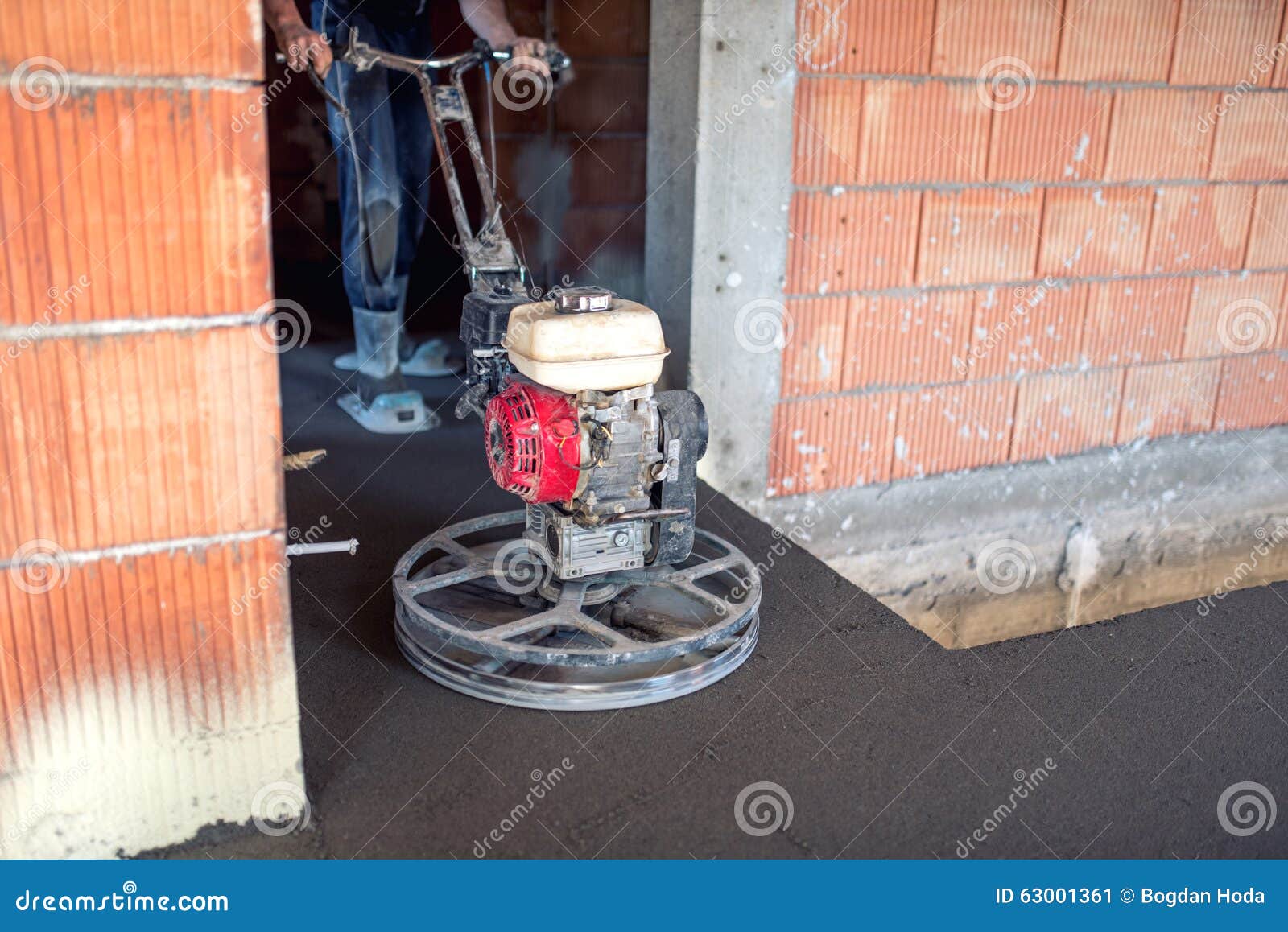 Cement Smoothing and Leveling Trowel Machinery with Worker. Flooring