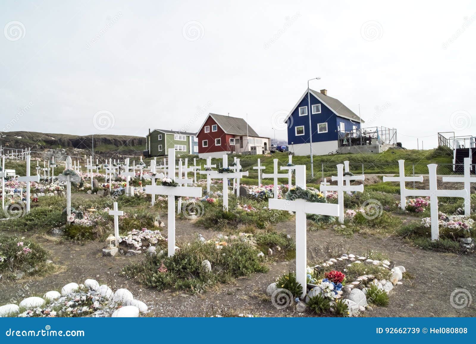 Greenland, Tasiilaq, cemetery with white wooden crosses