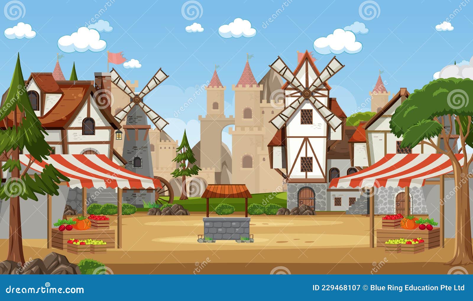 Casa Medieval Com Ilustração De Moinho De Vento E Aldeões Royalty