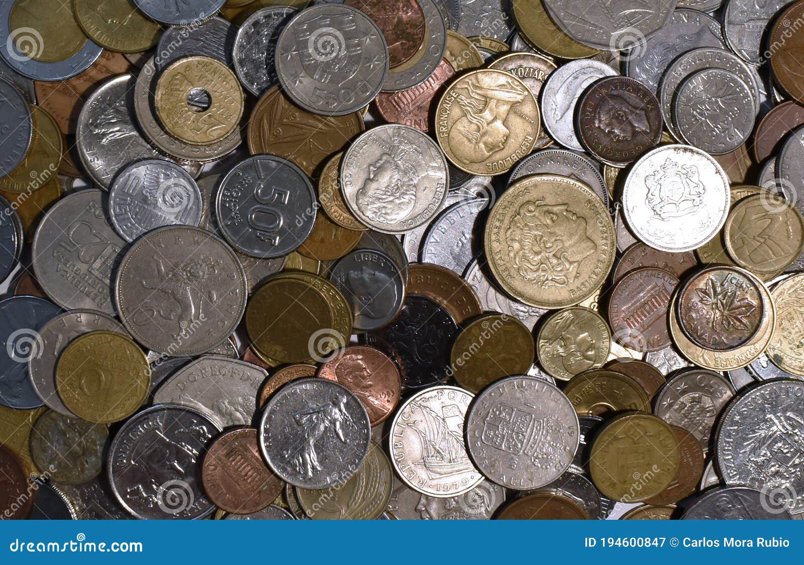 cenital view of a pile of world coins