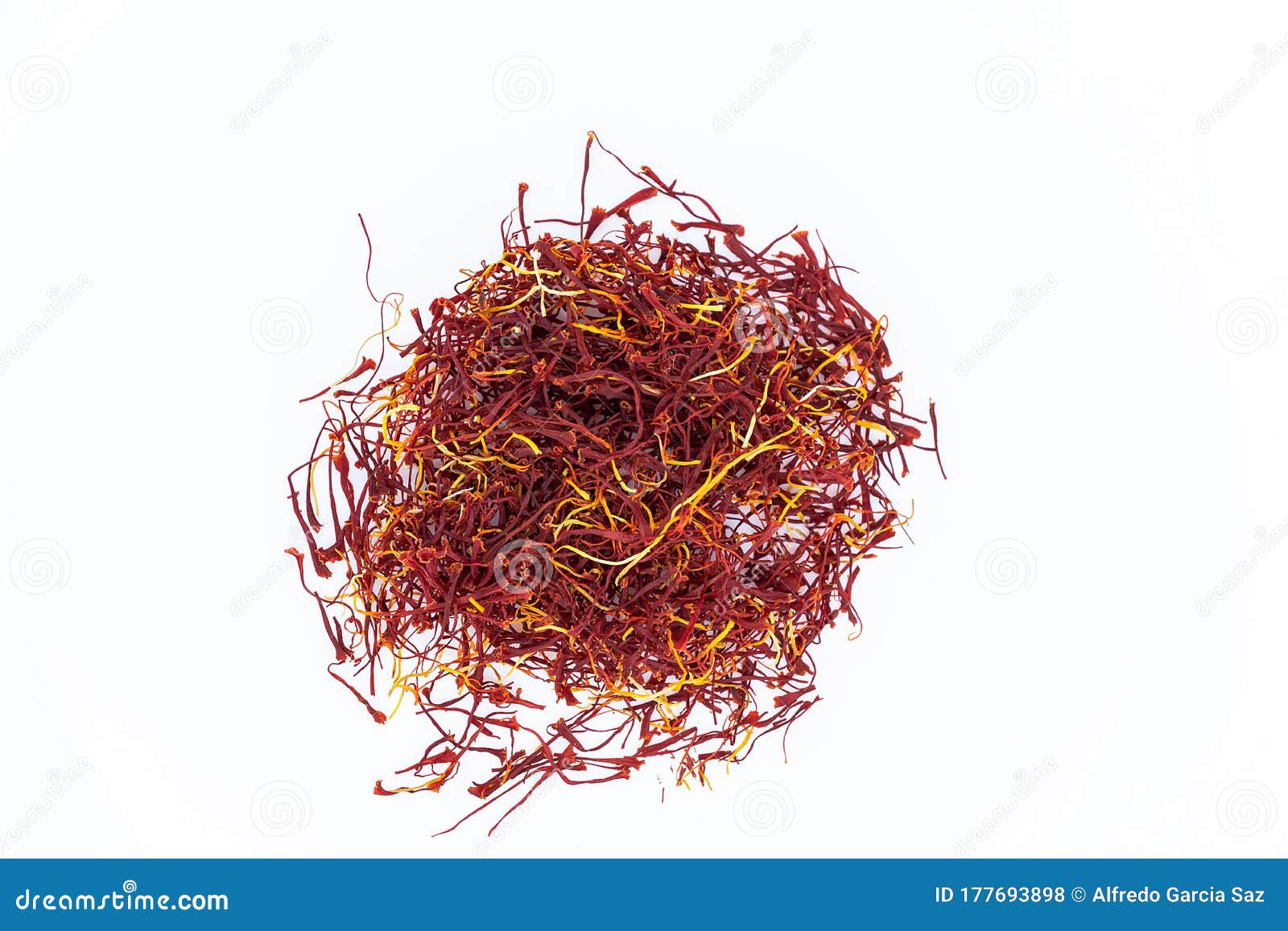 cenital view of saffron threads  on white background