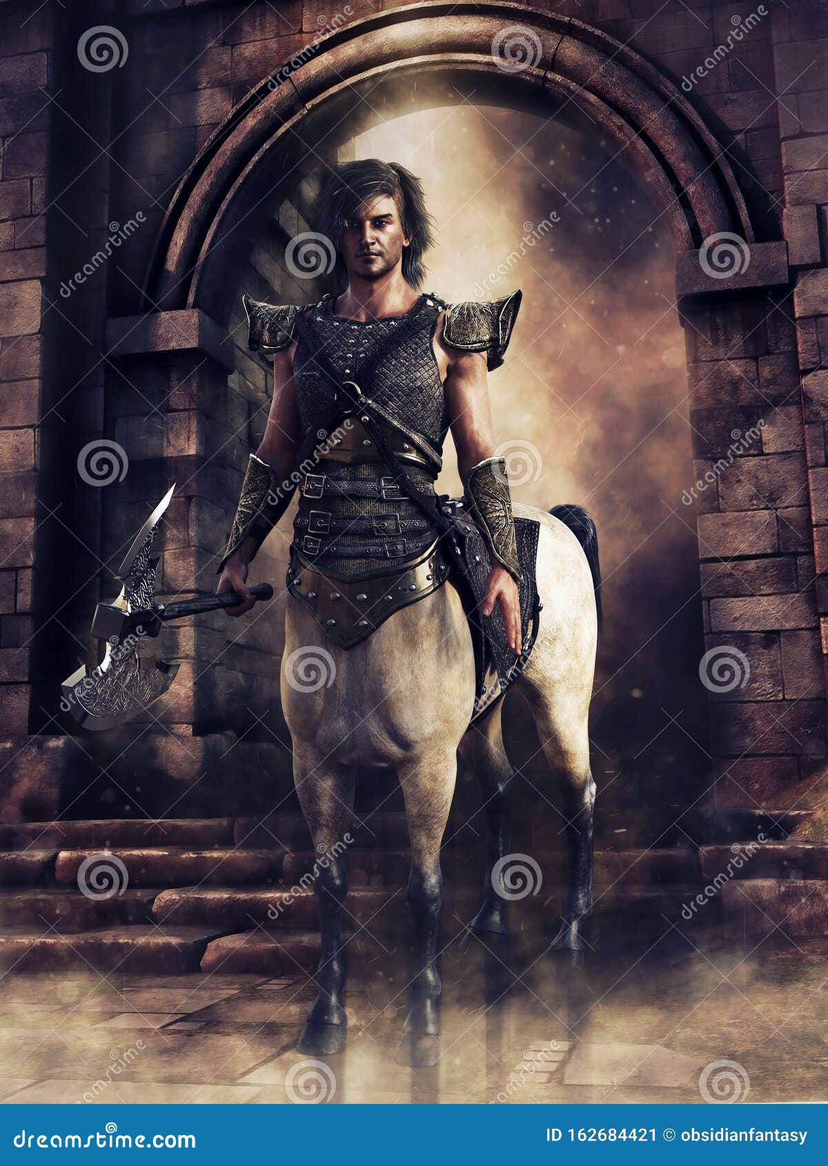 centaur warrior in front of a castle gate