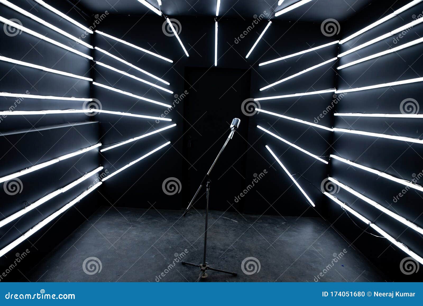 center positioned microphone with stand in music studio with black walls and lights at background full view 3d