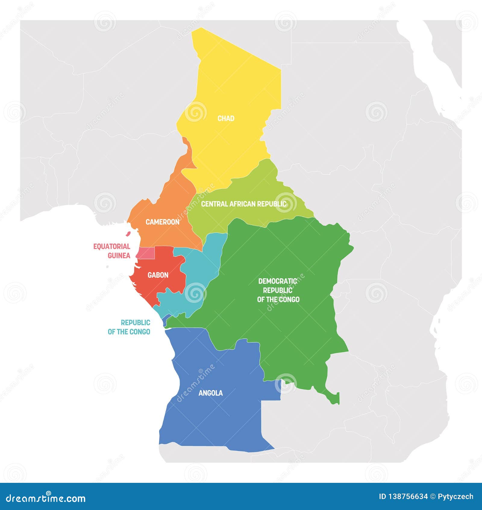 Central Africa Region. Colorful Map of Countries in Central Part Africa