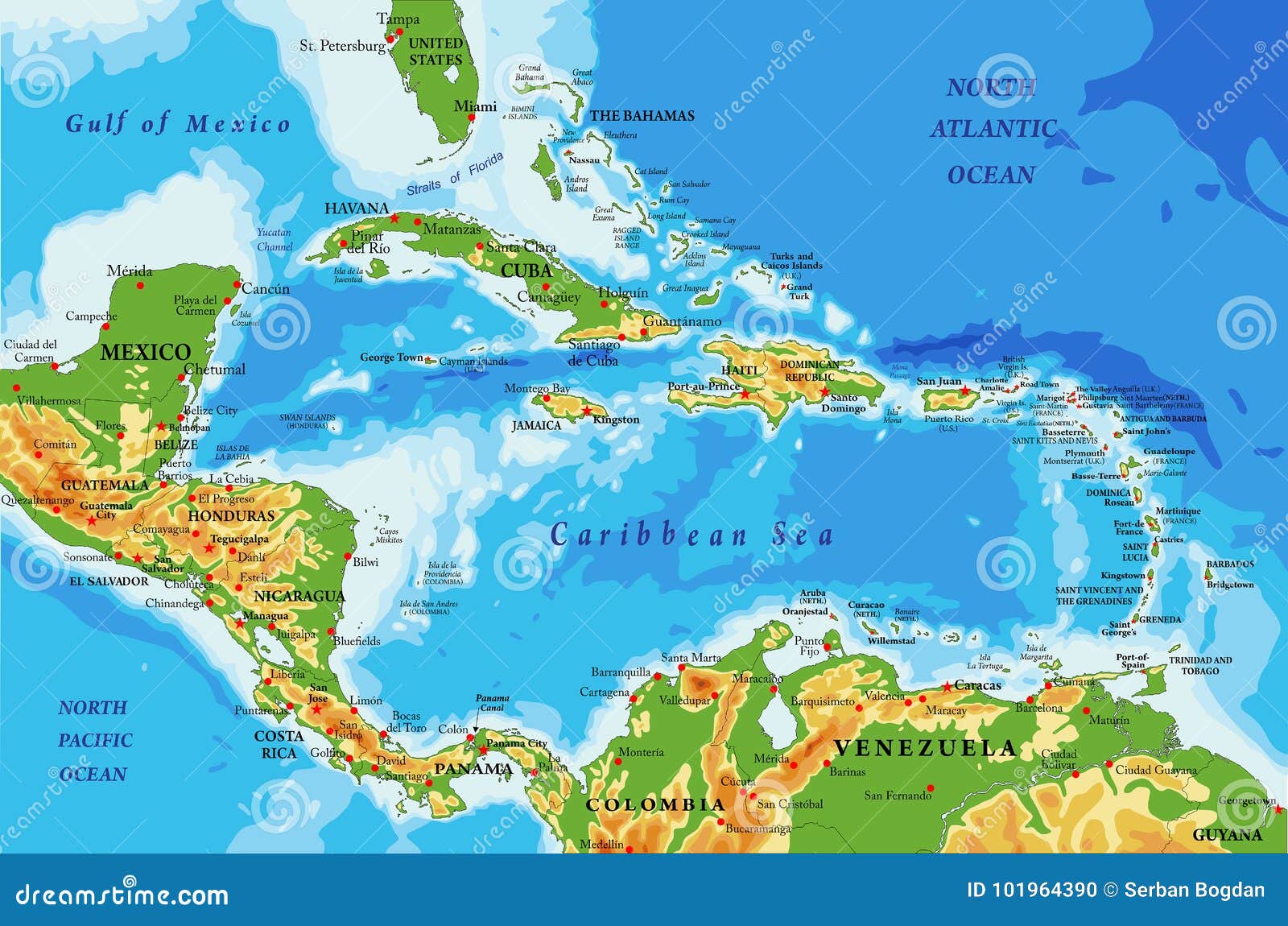 Central America and Caribbean Islands Physical Map Stock Vector