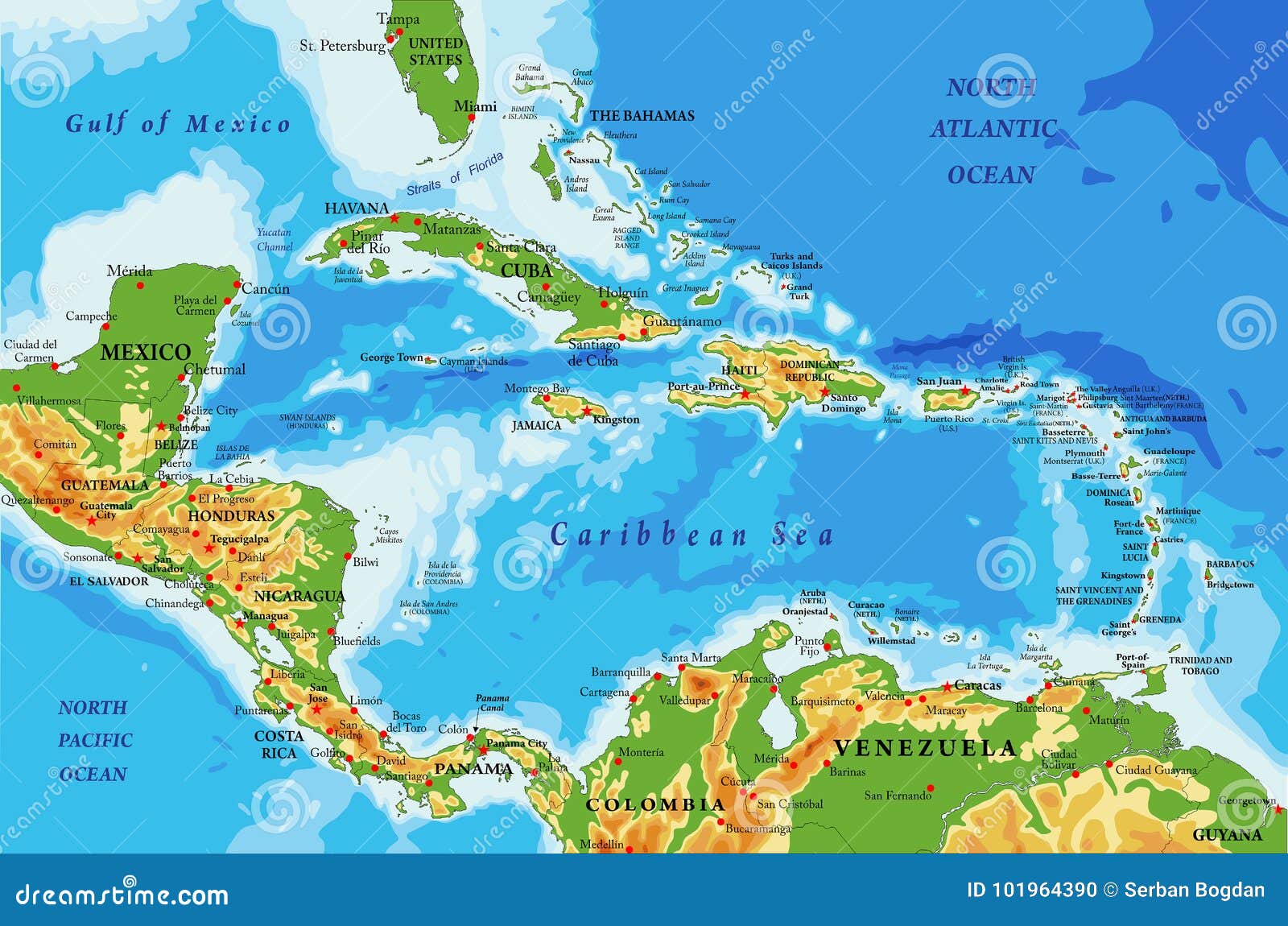 central america and caribbean islands physical map