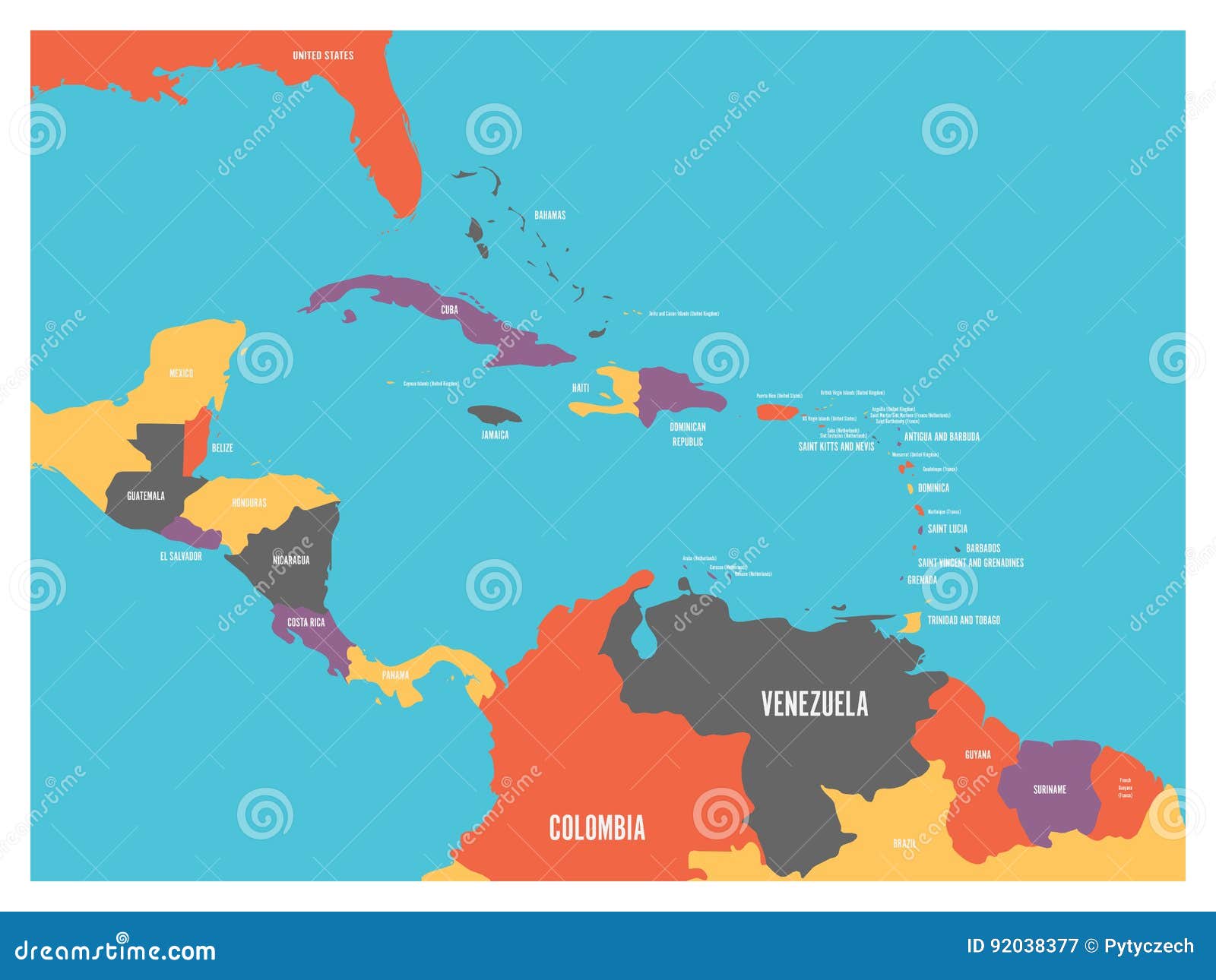 central america and carribean states political map with country names labels. simple flat  