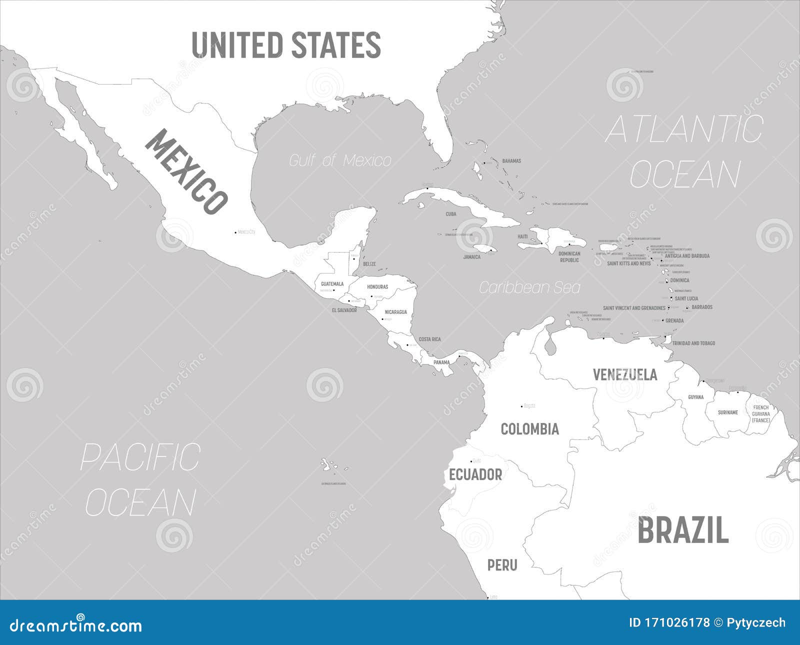 central america map - white lands and grey water. high detailed political map central american and caribbean region with