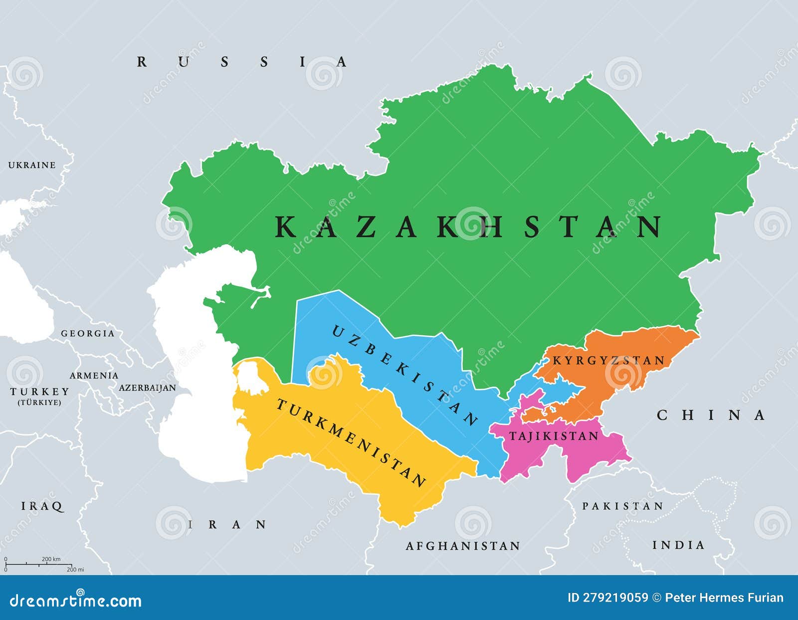 central asia, the middle asia countries, colored political map