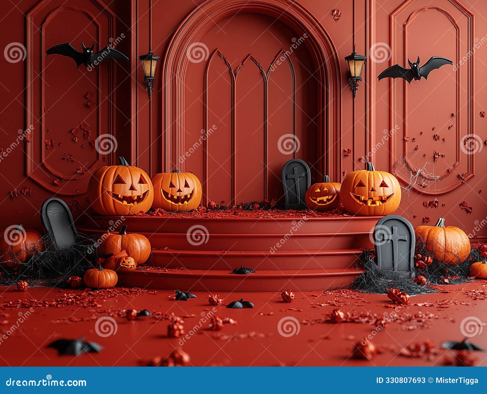 central empty 3d podium, with jack-o'-lanterns and vampire-themed decorations. bats fly around, cobwebs cover the