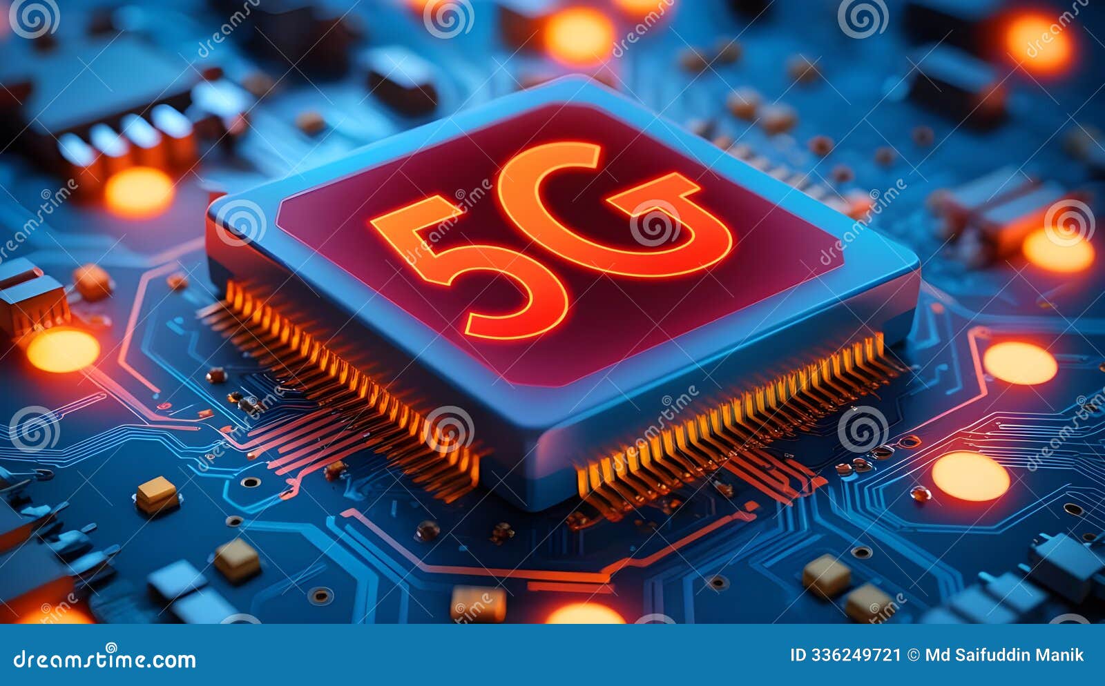 the central focus is a glowing red '5g' text prominently displayed on a microchip