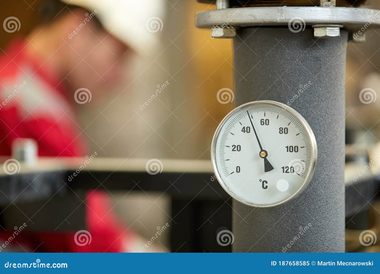 Central Heating Network. Thermometer on the Hot Water Supply Pipe To the Heating System Stock