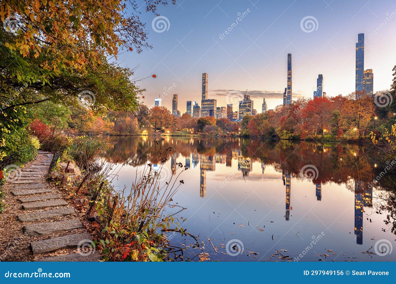 central park in new york city at twilight on the lake